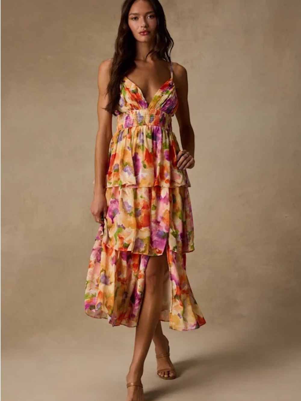 Olesia Yellow Abstract Floral Print Tiered Midi Dress